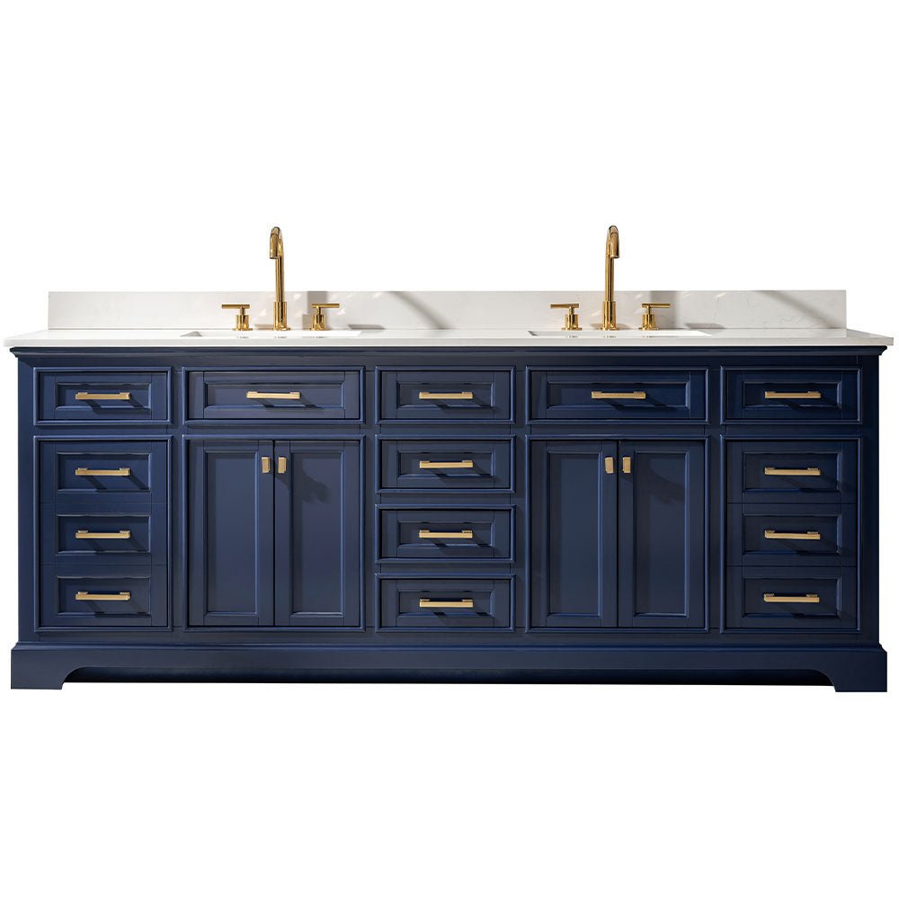 Milano 84" Double Sink Vanity with White Quartz Top - Design Element Bath Kitchen - Bathroom Vanity - Navy with Satin Gold Hardware