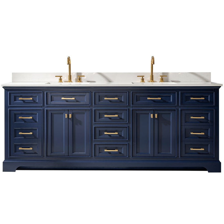 Milano 84" Double Sink Vanity with White Quartz Top - Design Element Bath Kitchen - Bathroom Vanity - Navy with Satin Gold Hardware