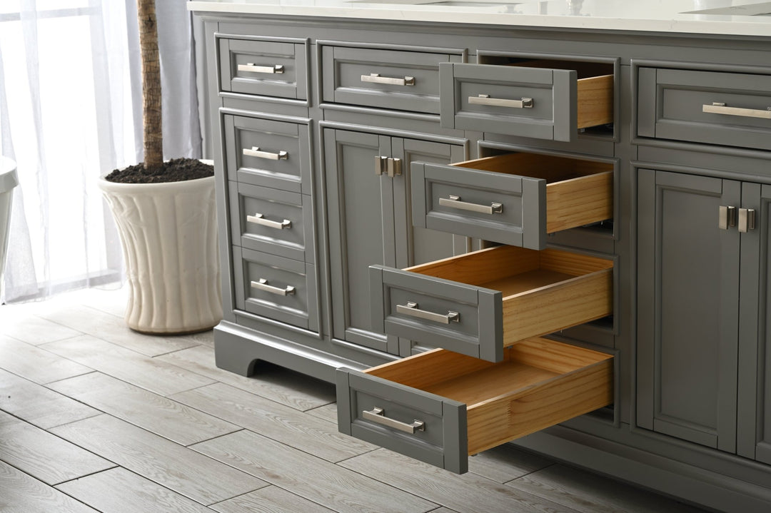 Milano 84" Double Sink Vanity with White Quartz Top - Design Element Bath Kitchen - Bathroom Vanity - Navy with Satin Gold Hardware