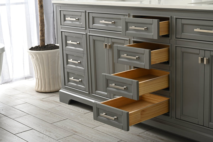 Milano 84" Double Sink Vanity with White Quartz Top - Design Element Bath Kitchen - Bathroom Vanity - Navy with Satin Gold Hardware