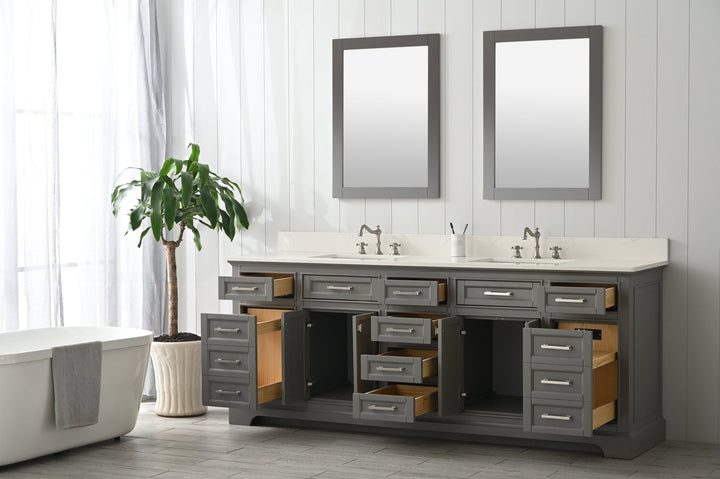 Milano 84" Double Sink Vanity with White Quartz Top - Design Element Bath Kitchen - Bathroom Vanity - Navy with Satin Gold Hardware
