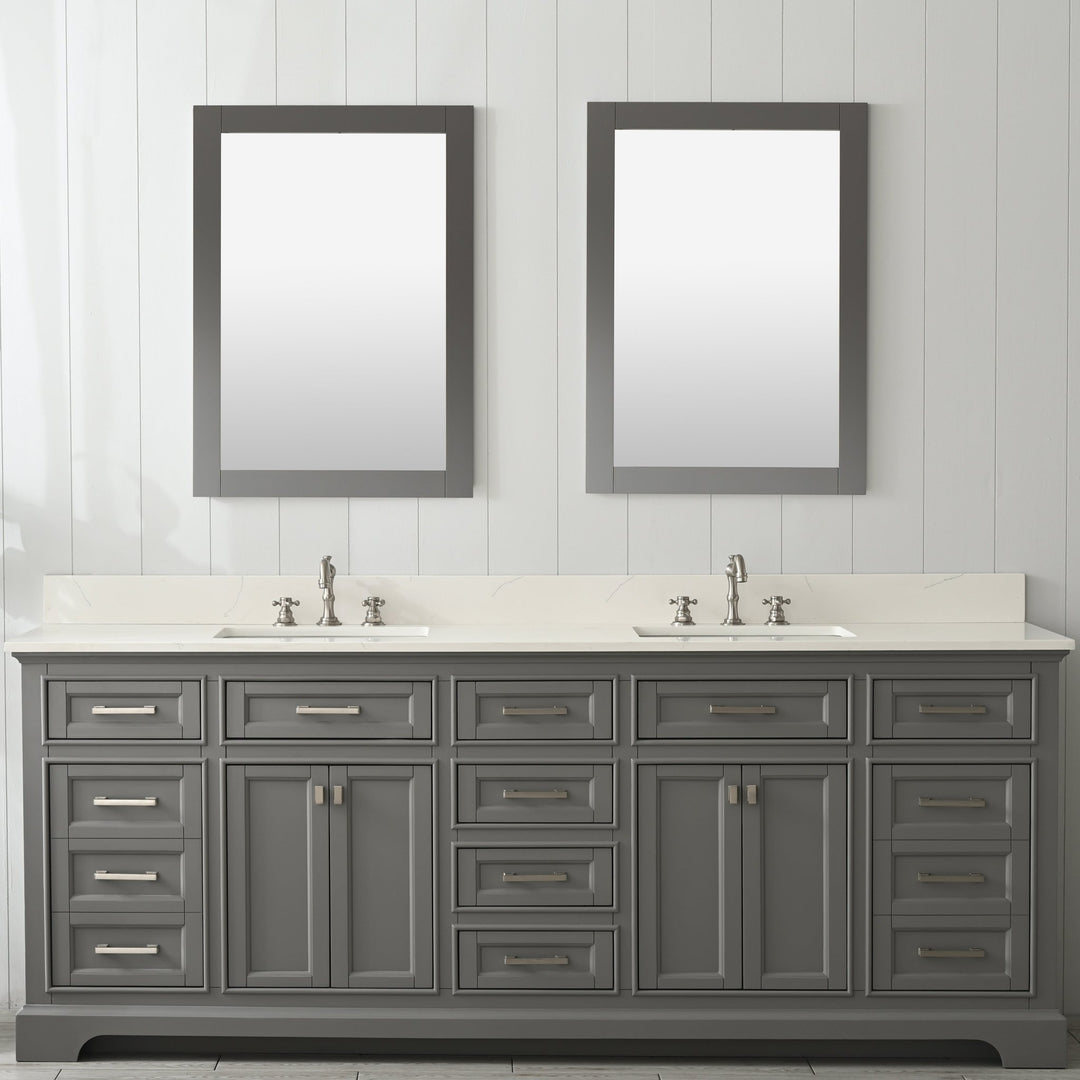 Milano 84" Double Sink Vanity with White Quartz Top - Design Element Bath Kitchen - Bathroom Vanity - Gray with Silver Satin Hardware