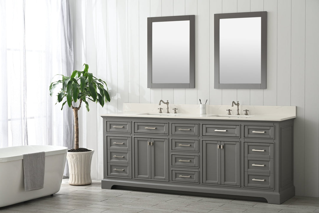 Milano 84" Double Sink Vanity with White Quartz Top - Design Element Bath Kitchen - Bathroom Vanity - Navy with Satin Gold Hardware