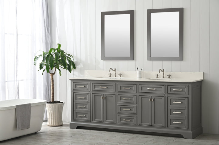 Milano 84" Double Sink Vanity with White Quartz Top - Design Element Bath Kitchen - Bathroom Vanity - Navy with Satin Gold Hardware