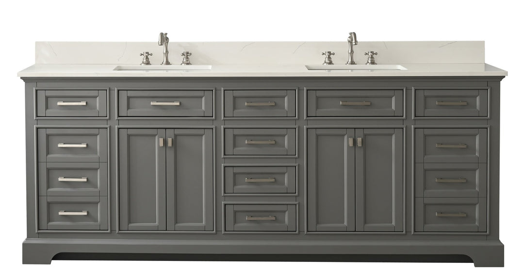 Milano 84" Double Sink Vanity with White Quartz Top - Design Element Bath Kitchen - Bathroom Vanity - Navy with Satin Gold Hardware