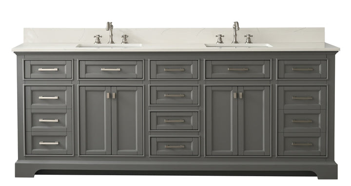 Milano 84" Double Sink Vanity with White Quartz Top - Design Element Bath Kitchen - Bathroom Vanity - Navy with Satin Gold Hardware