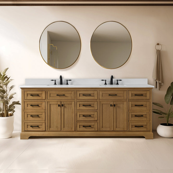 Milano 84" Double Sink Vanity with White Quartz Top - Design Element Bath Kitchen - Bathroom Vanity - Heritage Oak with Matte Black Hardware