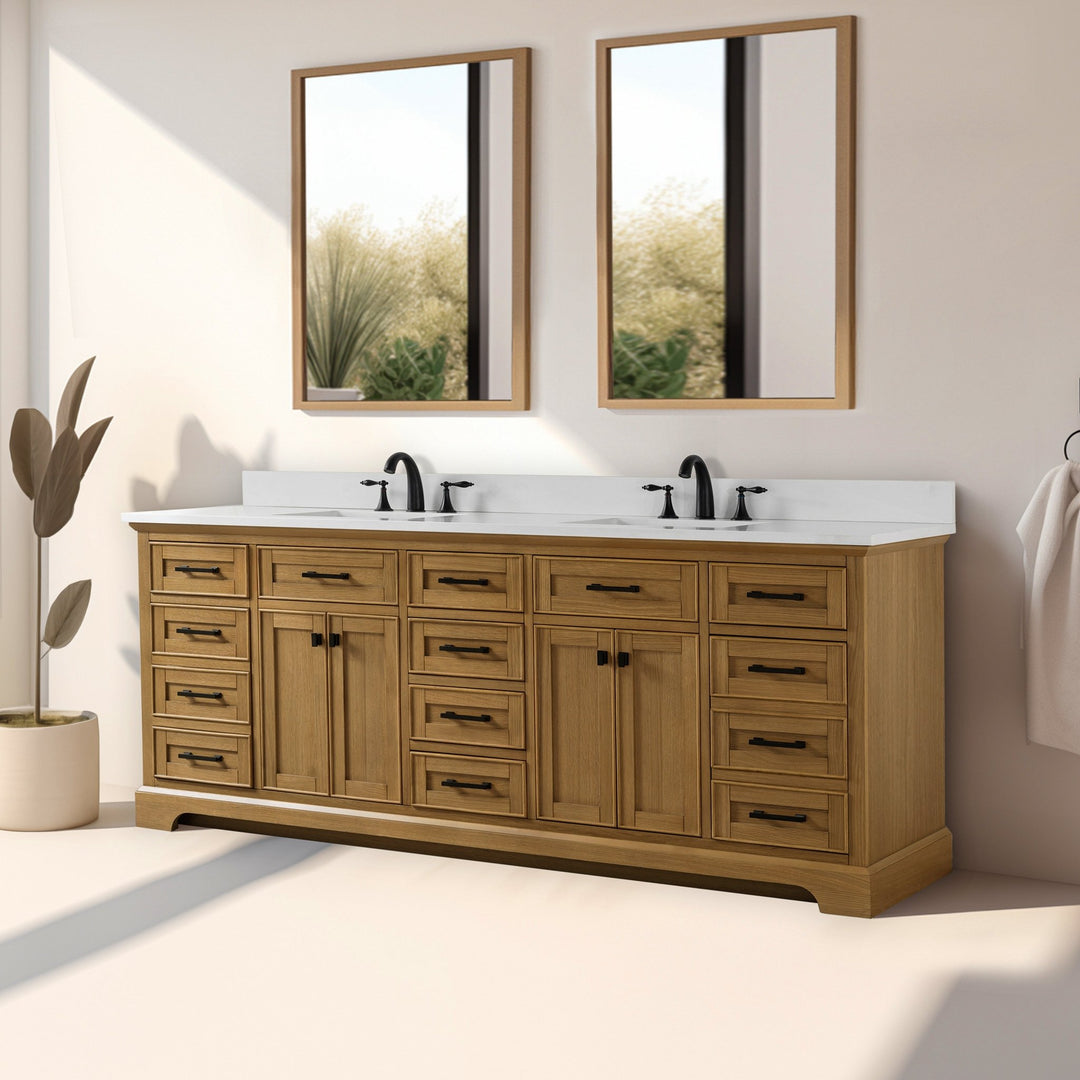 Milano 84" Double Sink Vanity with White Quartz Top - Design Element Bath Kitchen - Bathroom Vanity - Navy with Satin Gold Hardware