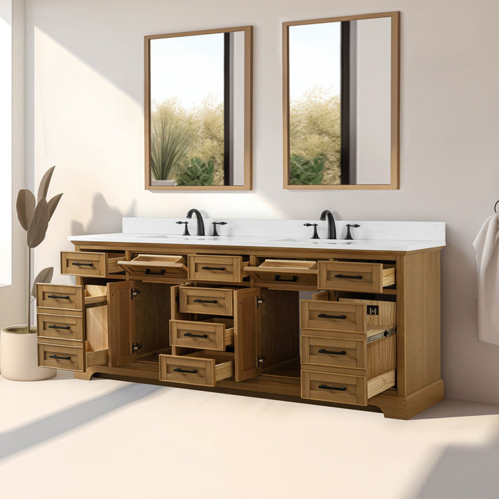 Milano 84" Double Sink Vanity with White Quartz Top - Design Element Bath Kitchen - Bathroom Vanity - Navy with Satin Gold Hardware