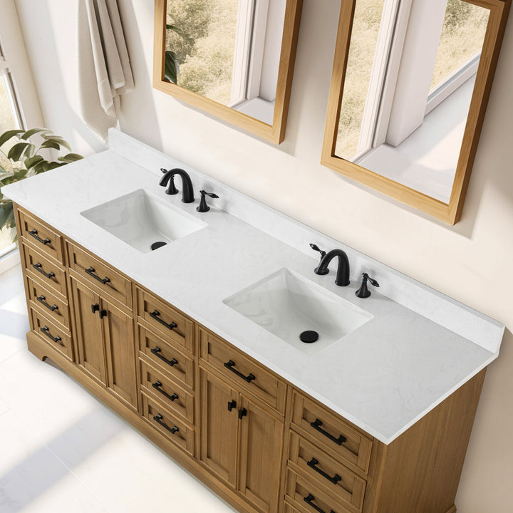 Milano 84" Double Sink Vanity with White Quartz Top - Design Element Bath Kitchen - Bathroom Vanity - Navy with Satin Gold Hardware