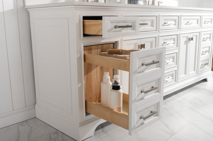 Milano 84" Double Sink Vanity with White Quartz Top - Design Element Bath Kitchen - Bathroom Vanity - Navy with Satin Gold Hardware