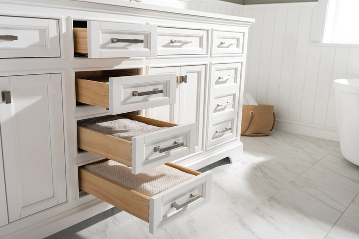 Milano 84" Double Sink Vanity with White Quartz Top - Design Element Bath Kitchen - Bathroom Vanity - Navy with Satin Gold Hardware