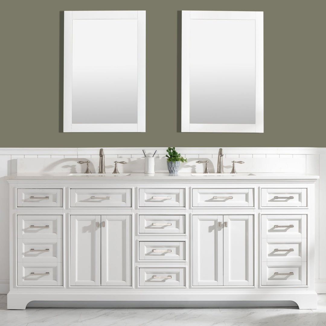 Milano 84" Double Sink Vanity with White Quartz Top - Design Element Bath Kitchen - Bathroom Vanity - White with Silver Satin Hardware