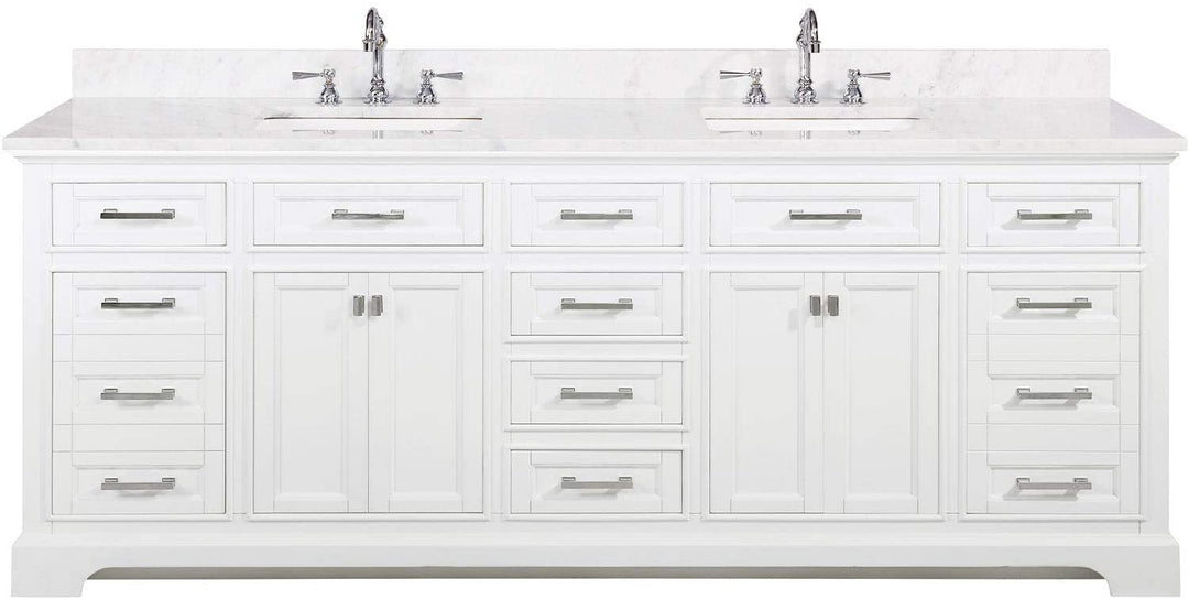 Milano 84" Double Sink Vanity with White Quartz Top - Design Element Bath Kitchen - Bathroom Vanity - Navy with Satin Gold Hardware