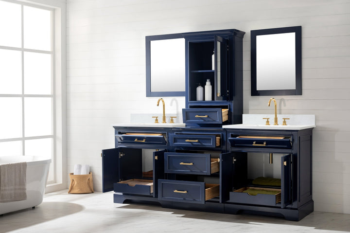 Milano 96" Modular Double Sink Vanity Set with White Quartz Top - Design Element Bath Kitchen - Bathroom Vanity - Heritage Oak with Matte Black Hardware