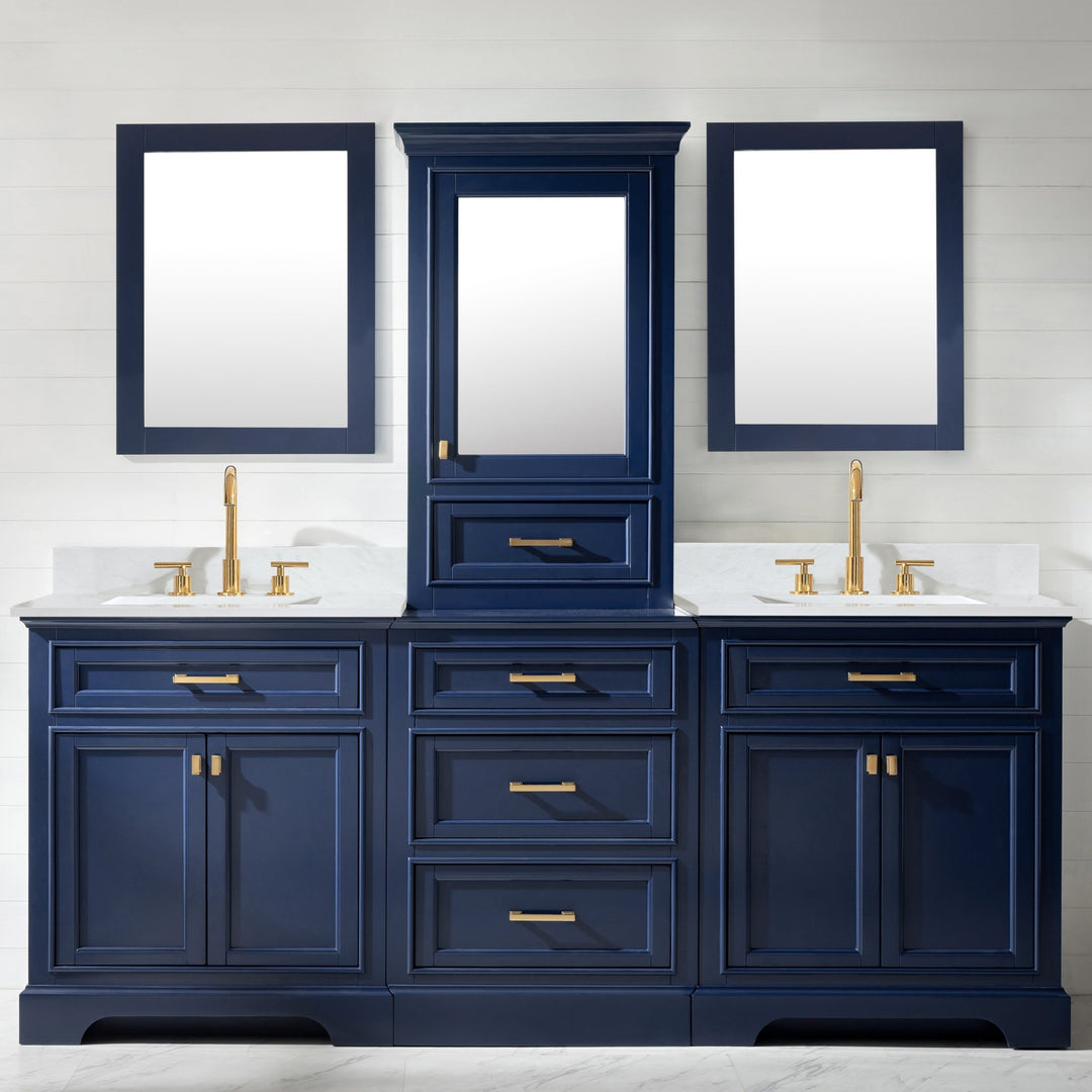 Milano 96" Modular Double Sink Vanity Set with White Quartz Top - Design Element Bath Kitchen - Bathroom Vanity - Navy with Satin Gold Hardware