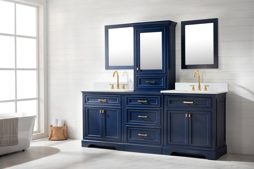 Milano 96" Modular Double Sink Vanity Set with White Quartz Top - Design Element Bath Kitchen - Bathroom Vanity - Heritage Oak with Matte Black Hardware