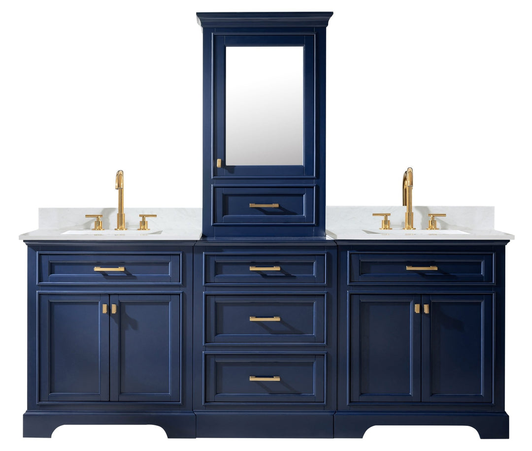 Milano 96" Modular Double Sink Vanity Set with White Quartz Top - Design Element Bath Kitchen - Bathroom Vanity - Heritage Oak with Matte Black Hardware