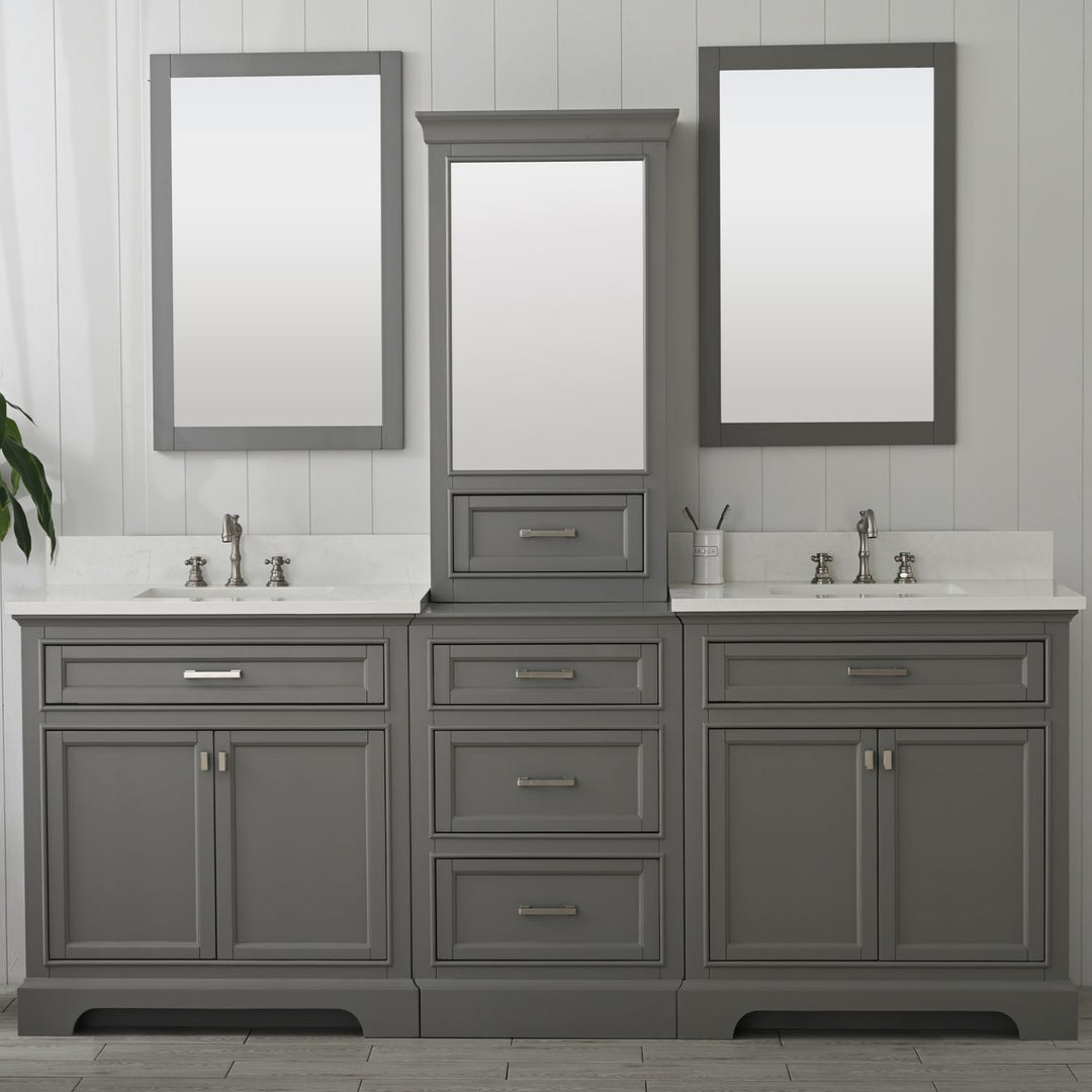 Milano 96" Modular Double Sink Vanity Set with White Quartz Top - Design Element Bath Kitchen - Bathroom Vanity - Heritage Oak with Matte Black Hardware