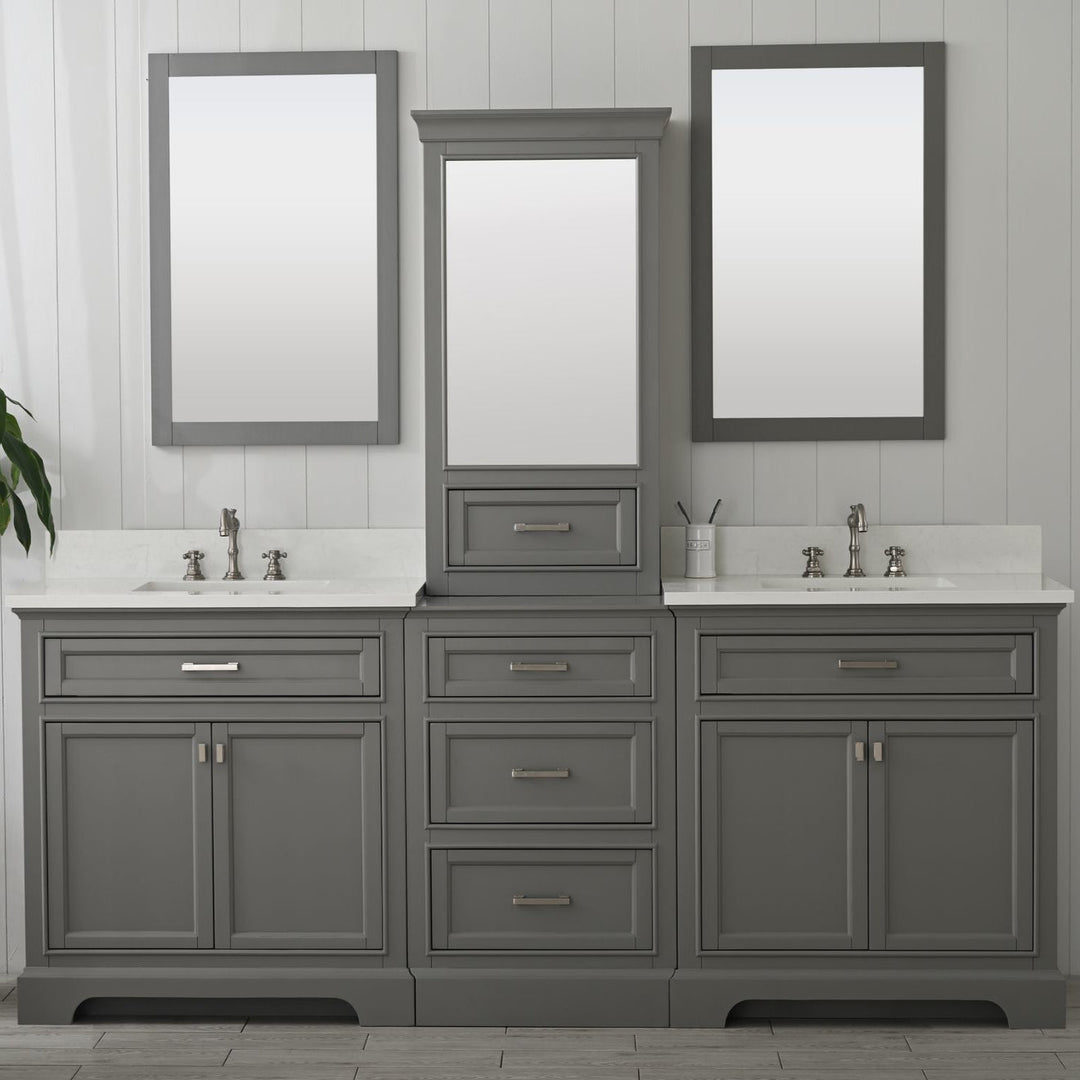Milano 96" Modular Double Sink Vanity Set with White Quartz Top - Design Element Bath Kitchen - Bathroom Vanity - Gray with Silver Satin Hardware