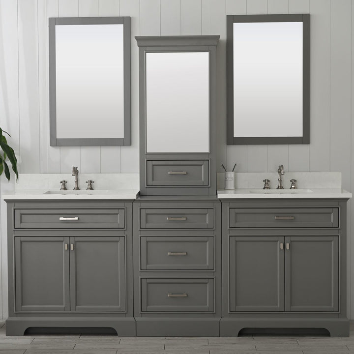 Milano 96" Modular Double Sink Vanity Set with White Quartz Top - Design Element Bath Kitchen - Bathroom Vanity - Gray with Silver Satin Hardware