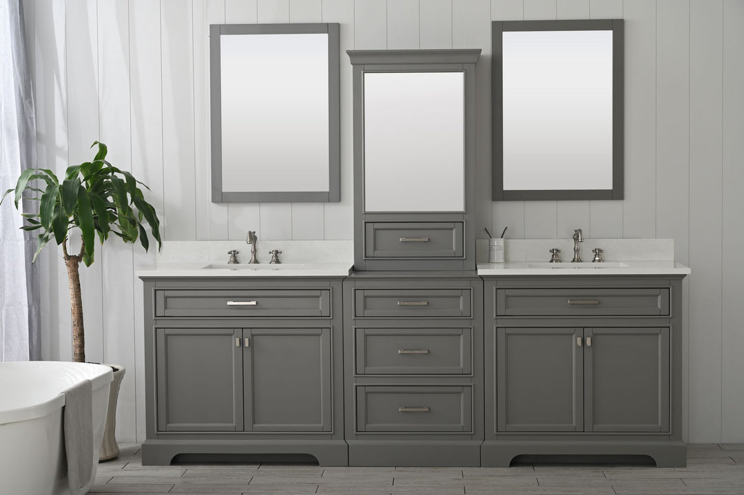 Milano 96" Modular Double Sink Vanity Set with White Quartz Top - Design Element Bath Kitchen - Bathroom Vanity - Heritage Oak with Matte Black Hardware