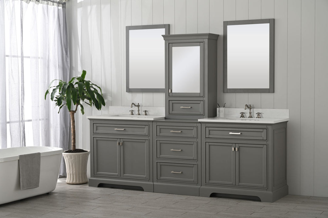 Milano 96" Modular Double Sink Vanity Set with White Quartz Top - Design Element Bath Kitchen - Bathroom Vanity - Heritage Oak with Matte Black Hardware