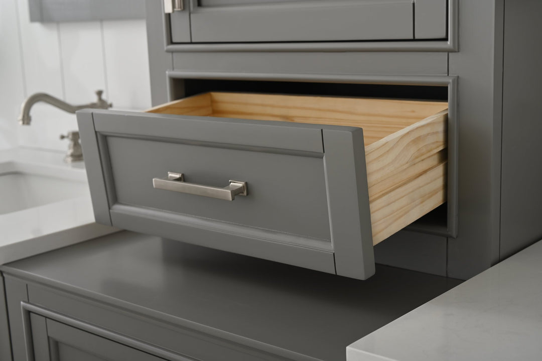 Milano 96" Modular Double Sink Vanity Set with White Quartz Top - Design Element Bath Kitchen - Bathroom Vanity - Heritage Oak with Matte Black Hardware