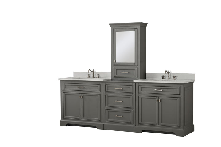 Milano 96" Modular Double Sink Vanity Set with White Quartz Top - Design Element Bath Kitchen - Bathroom Vanity - Heritage Oak with Matte Black Hardware