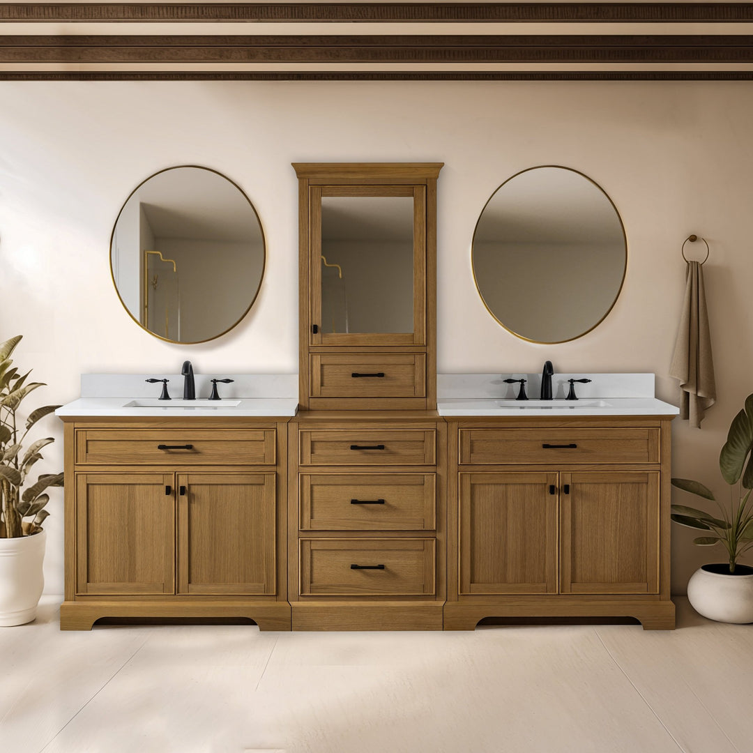 Milano 96" Modular Double Sink Vanity Set with White Quartz Top - Design Element Bath Kitchen - Bathroom Vanity - Heritage Oak with Matte Black Hardware