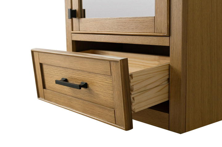 Milano 96" Modular Double Sink Vanity Set with White Quartz Top - Design Element Bath Kitchen - Bathroom Vanity - Heritage Oak with Matte Black Hardware