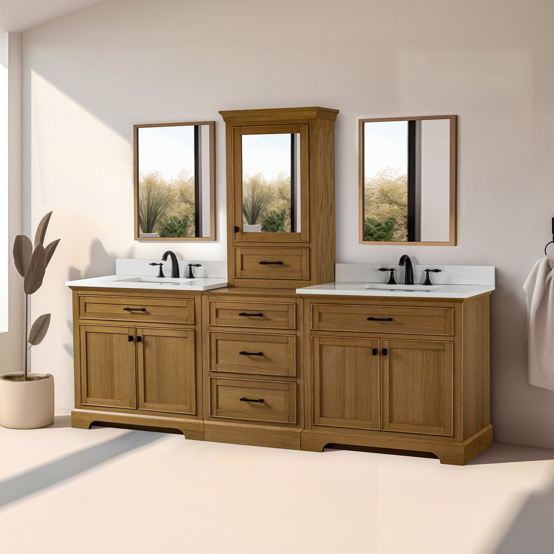 Milano 96" Modular Double Sink Vanity Set with White Quartz Top - Design Element Bath Kitchen - Bathroom Vanity - Heritage Oak with Matte Black Hardware
