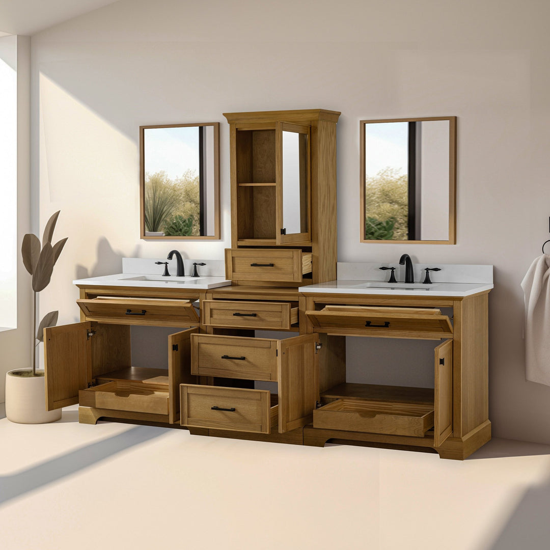 Milano 96" Modular Double Sink Vanity Set with White Quartz Top - Design Element Bath Kitchen - Bathroom Vanity - Heritage Oak with Matte Black Hardware