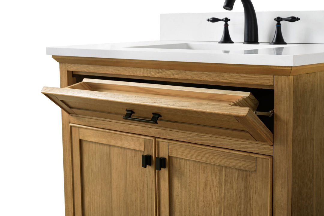 Milano 96" Modular Double Sink Vanity Set with White Quartz Top - Design Element Bath Kitchen - Bathroom Vanity - Heritage Oak with Matte Black Hardware