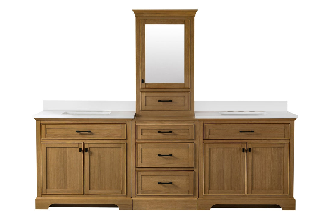 Milano 96" Modular Double Sink Vanity Set with White Quartz Top - Design Element Bath Kitchen - Bathroom Vanity - Heritage Oak with Matte Black Hardware