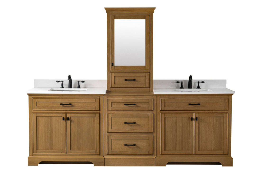 Milano 96" Modular Double Sink Vanity Set with White Quartz Top - Design Element Bath Kitchen - Bathroom Vanity - Heritage Oak with Matte Black Hardware