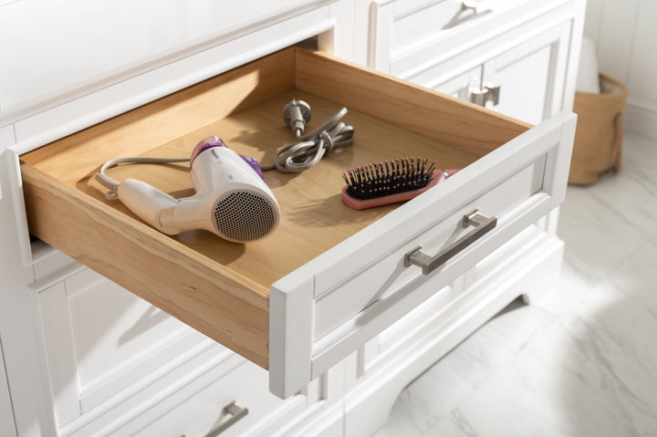 Milano 96" Modular Double Sink Vanity Set with White Quartz Top - Design Element Bath Kitchen - Bathroom Vanity - Heritage Oak with Matte Black Hardware