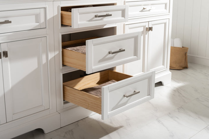 Milano 96" Modular Double Sink Vanity Set with White Quartz Top - Design Element Bath Kitchen - Bathroom Vanity - Heritage Oak with Matte Black Hardware