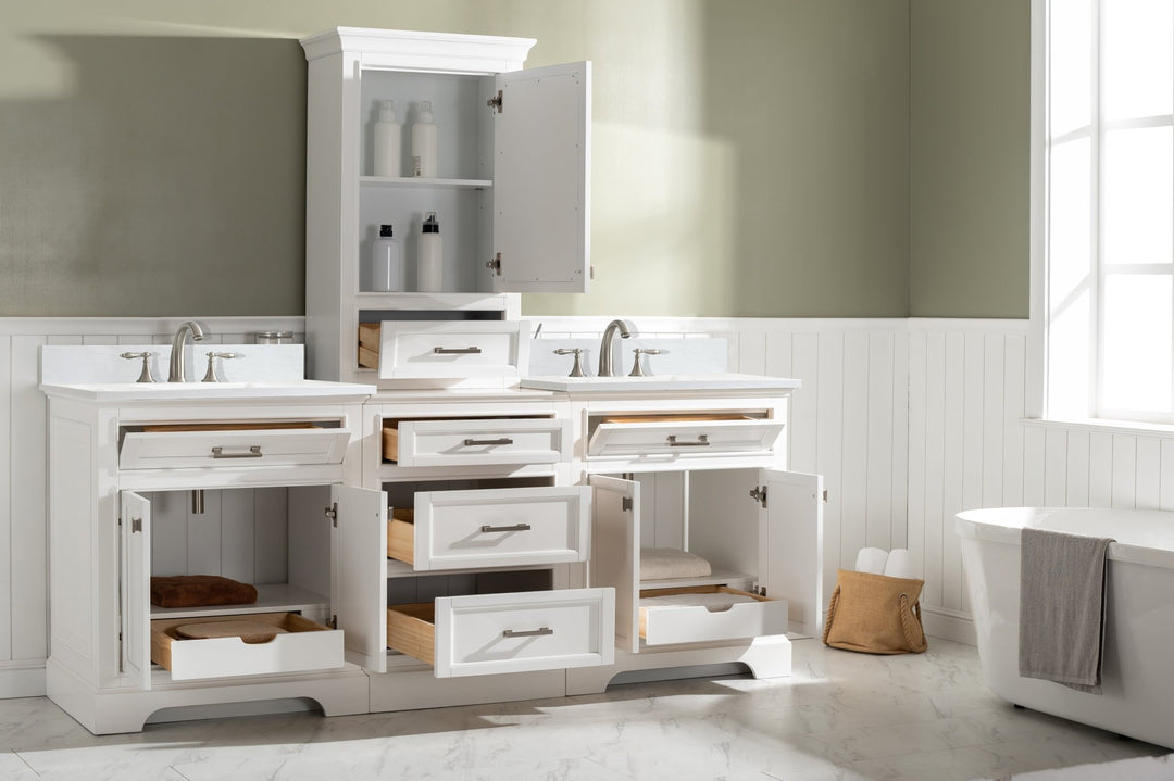 Milano 96" Modular Double Sink Vanity Set with White Quartz Top - Design Element Bath Kitchen - Bathroom Vanity - Heritage Oak with Matte Black Hardware