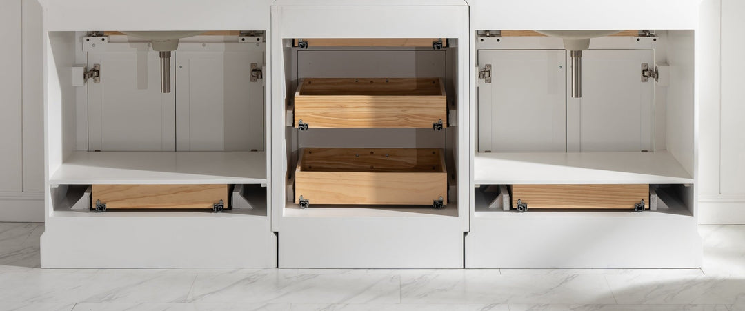 Milano 96" Modular Double Sink Vanity Set with White Quartz Top - Design Element Bath Kitchen - Bathroom Vanity - Heritage Oak with Matte Black Hardware