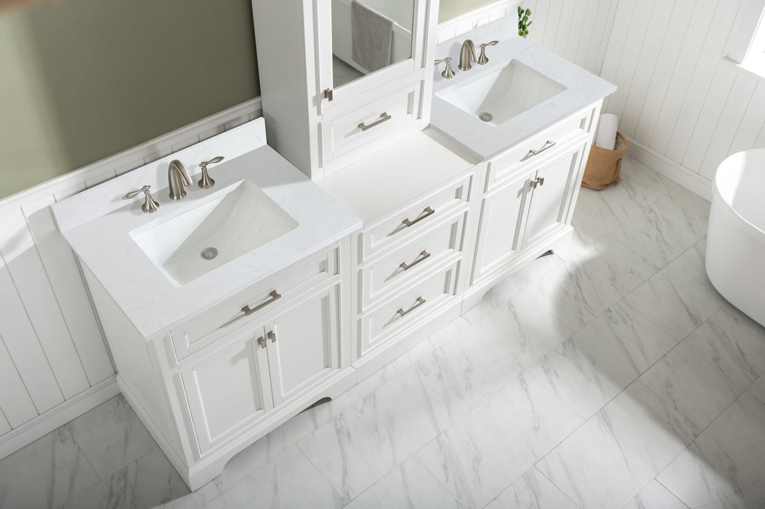 Milano 96" Modular Double Sink Vanity Set with White Quartz Top - Design Element Bath Kitchen - Bathroom Vanity - Heritage Oak with Matte Black Hardware