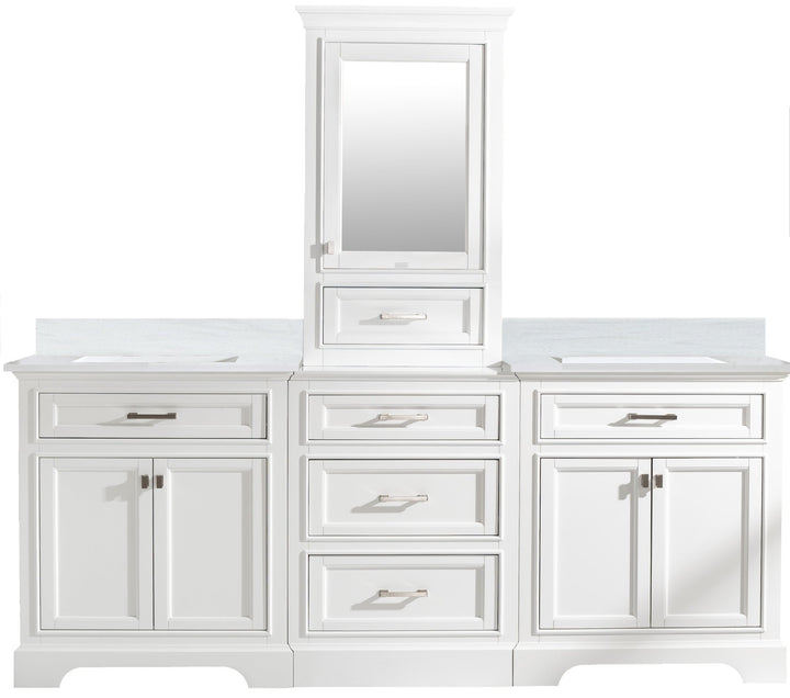 Milano 96" Modular Double Sink Vanity Set with White Quartz Top - Design Element Bath Kitchen - Bathroom Vanity - Heritage Oak with Matte Black Hardware