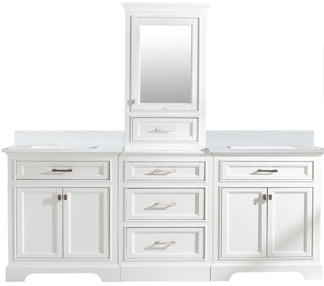 Milano 96" Modular Double Sink Vanity Set with White Quartz Top - Design Element Bath Kitchen - Bathroom Vanity - Heritage Oak with Matte Black Hardware