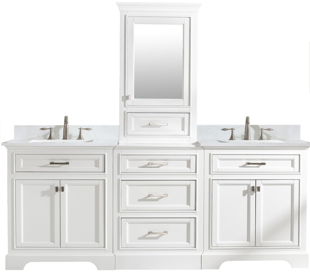 Milano 96" Modular Double Sink Vanity Set with White Quartz Top - Design Element Bath Kitchen - Bathroom Vanity - Heritage Oak with Matte Black Hardware