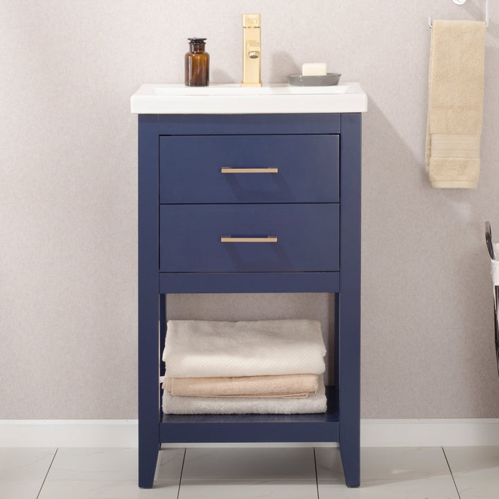 Cara 20" Single Sink Vanity with Porcelain Top - Design Element Bath Kitchen - Bathroom Vanity - Navy with Silver Satin Hardware