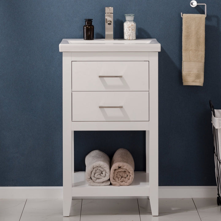 Cara 20" Single Sink Vanity with Porcelain Top - Design Element Bath Kitchen - Bathroom Vanity - White with Silver Satin Hardware