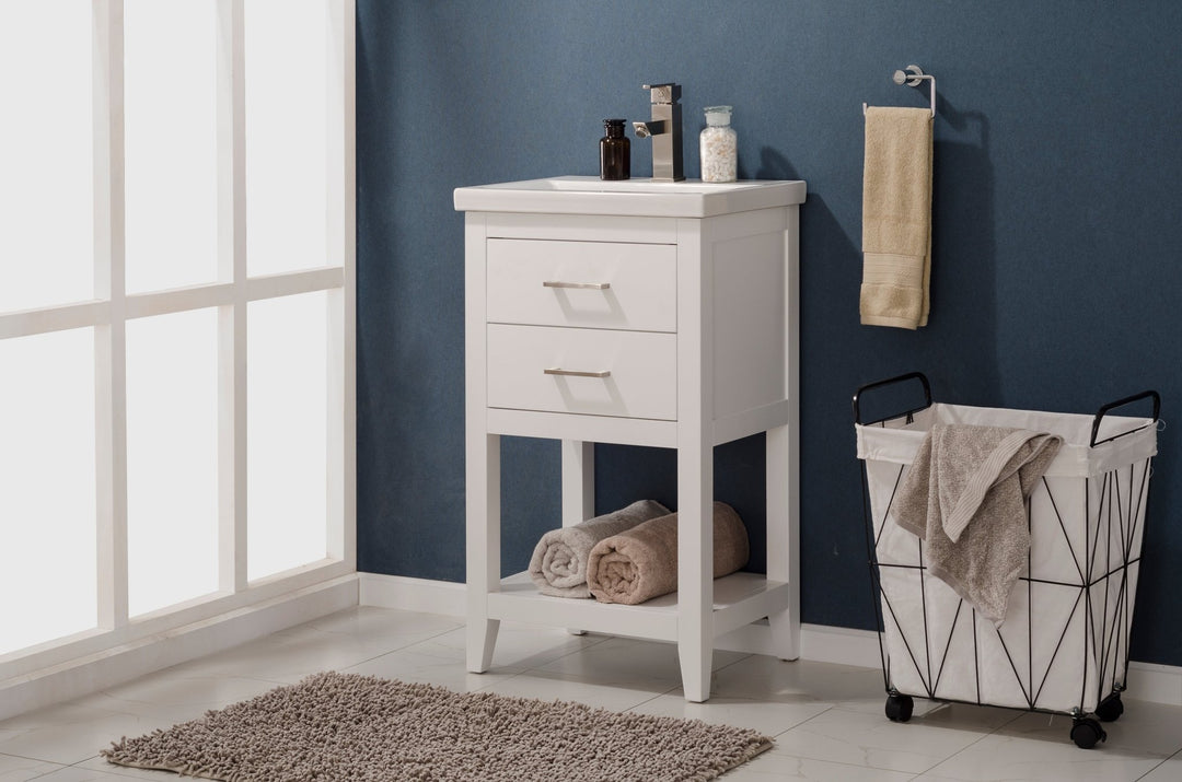 Cara 20" Single Sink Vanity with Porcelain Top - Design Element Bath Kitchen - Bathroom Vanity - White with Silver Satin Hardware