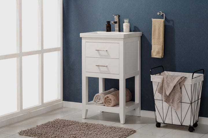 Cara 20" Single Sink Vanity with Porcelain Top - Design Element Bath Kitchen - Bathroom Vanity - White with Silver Satin Hardware