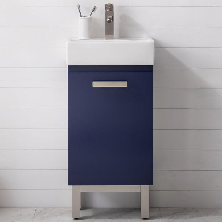 Stella 16.5" Single Sink Vanity with Porcelain Top - Design Element Bath Kitchen - Bathroom Vanity - Navy with Satin Gold Hardware