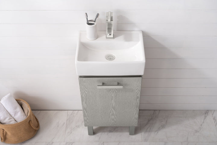 Stella 16.5" Single Sink Vanity with Porcelain Top - Design Element Bath Kitchen - Bathroom Vanity - Gray Oak with Silver Satin Hardware